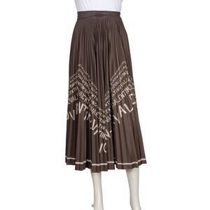 VALENTINO Brown Silk Logo Printed Pleated Midi Skirt Size S